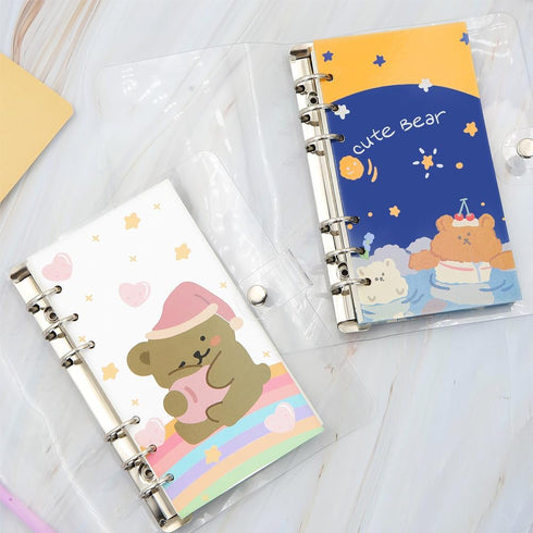 2 Pcs A6 Binder Notebook,Cartoon Bear 6 Ring Loose Leaf Small Diary Journal Planning Notepad Pocket Notebook with Transparent PVC Cover Gift for K...