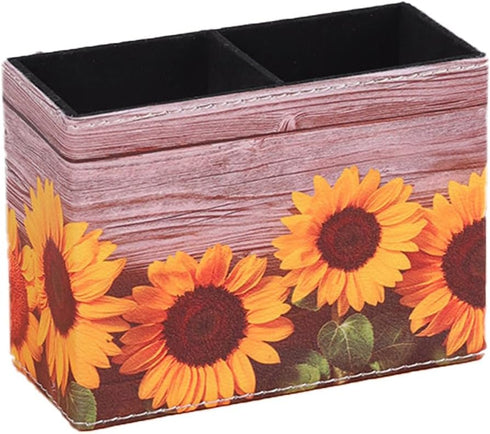 Sunflower Pen Holder Pencil Holder for Desk,2 Compartments PU Leather Desktop Pen Cup Storage Makeup Brush Holder for Office, School, Home, and Wo...
