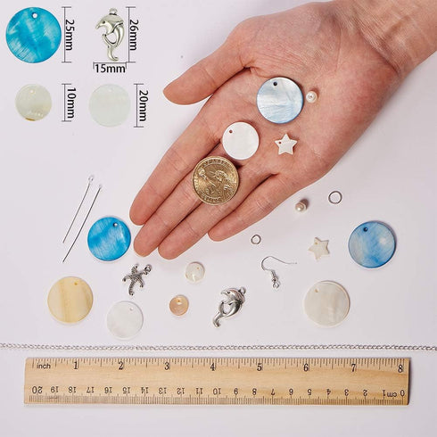 SUNNYCLUE 1 Box DIY 10 Pairs Natural White Sea Shell Drop Dangle Earrings Making Starter Kit Round Seashell Charm Pendants Earring Hook for Art Cr...