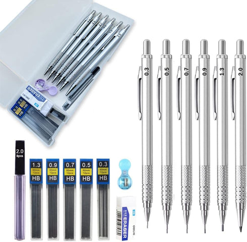 6pcs Metal Mechanical Pencil Set with Leads Refills Eraser Sharpener Storage Case 0.3 0.5 0.7 0.9 1.3 2mm Pencils Stationery Gifts Set (Silver)...
