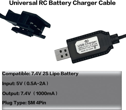 7.4V USB Charger Cable with SM-4PIN Plug Compatible RC Car RC Plane RC Tank RC Boat and Other Remote Control Toys for Universal 7.4V Lipo Battery ...