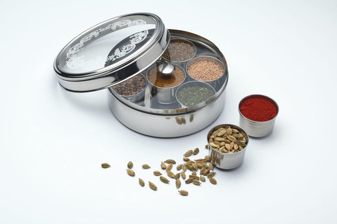 KitchenCraft World of Flavours Indian Spice Box for Masala Dabba, 7 Spice Pots + Large Spice + Cover + Lid, Stainless Steel, 17 x 7 cm...
