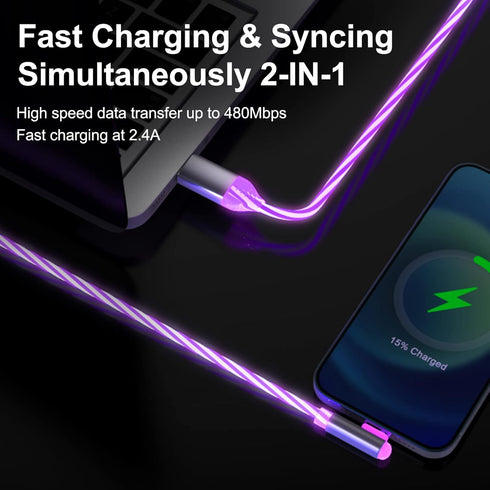 Apple MFi Certified 90 Degree iPhone Charger 6.6ft, LED Light Up Apple Charger Lightning Cable Data Sync Cord LED Light Up Glowing Fast Charging C...