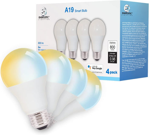 Energetic LED Bluetooth Smart Light Bulb, A19 Dimmable 60W Equivalent 2700-6500K Tunable White, Work with Hey Google, Smart Speaker Required, Goog...