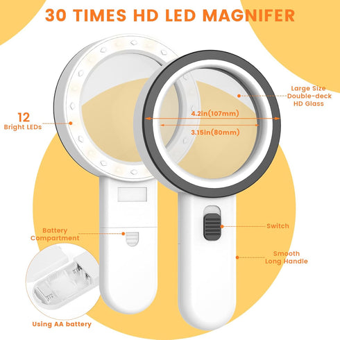 AIXPI Magnifying Glass with Light, 30X Handheld Large Magnifying Glass 12 LED Illuminated Lighted Magnifier for Macular Degeneration Seniors Readi...