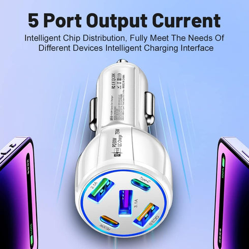 5-Port USB Car Charger,75W Type C Car Charger Fast Charge, Car Accessories Cigarette Lighter USB Charger Compatible with iPhone 14/13/12/Mini/Pro/...