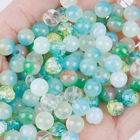 Niziky 100PCS Glass Beads for Jewelry Making, Mix 8MM Green Crackle Lampwork Glass Beads Aurora Crystal Beads Matte Gemstones Spacer Beads Kits fo...