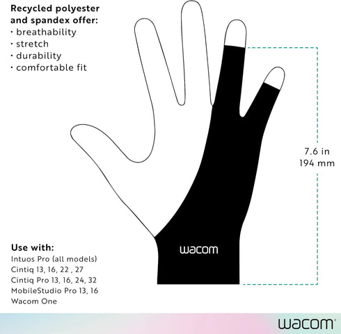 Wacom Drawing Glove, Two-Finger Artist Glove for Drawing Tablet Pen Display, 90% Recycled Material, eco-Friendly, one-Size (3 Pack), Black...