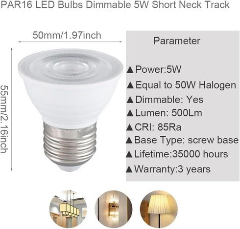 10 Pack PAR16 LED Light Bulb Short Neck,Dimmable,5W, 500LM, LED Flood Lights (50W Halogen Equivalent) Recessed Spotlights Floor Lamp,E26 Screw Bas...