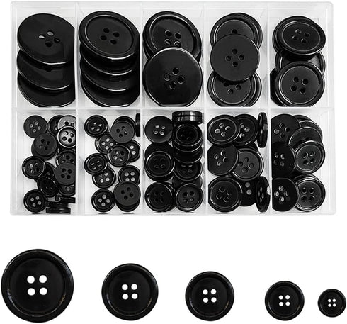 100 Pcs Black Buttons, Black Buttons for Crafts, 4-Hole Buttons for Sewing, 5 Sizes, Buttons Black, Shirt Buttons, Black Button, Small Black Butto...