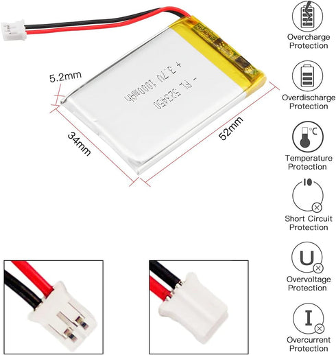 3.7V 1000mAh Battery 523450 Lithium Polymer Ion Rechargeable Li-ion Li-Po Battery with 2P PH 2.0mm Pitch Connector...