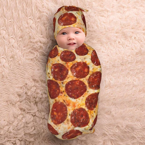 Burrito Pizzas Newborn Swaddling Blanket Beanie Hat Sets Soft Baby Receiving Funny Food Blanket Soft Sleeping Bag New Born Soft Sleep Sacks for Bo...