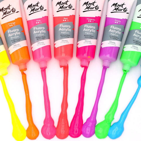 Mont Marte Fluoro Acrylic Paint Set, 8 x 1.02oz (36ml) Tubes, 8 Colors, Suitable for Most Surfaces Including Canvas, Card, Paper and Wood...
