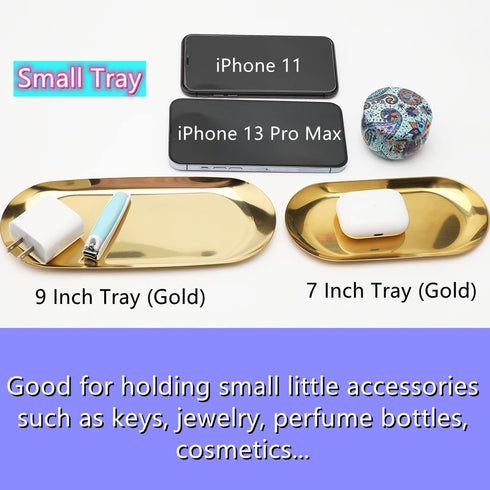 Stainless Steel Decorative Tray, Set of 2, 9 Inch Long, Jewelry Dish Cosmetics Organizer Bathroom Clutter Serving Platter Small Storage Tray, Oval...