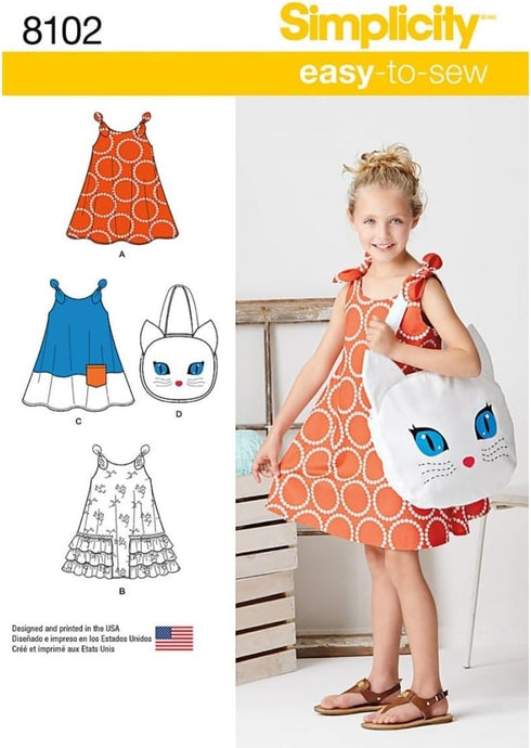 Simplicity 8102 Girl's Cat Tote Bag and Sundress Sewing Pattern, Sizes 3-8...