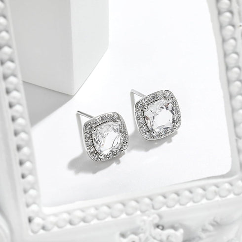 Cubic Zirconia Earrings and Necklace Set for Women 14K White Gold Plated Square Jewelry Set for Women Silver Pendant Necklace Hypoallergenic Stud ...