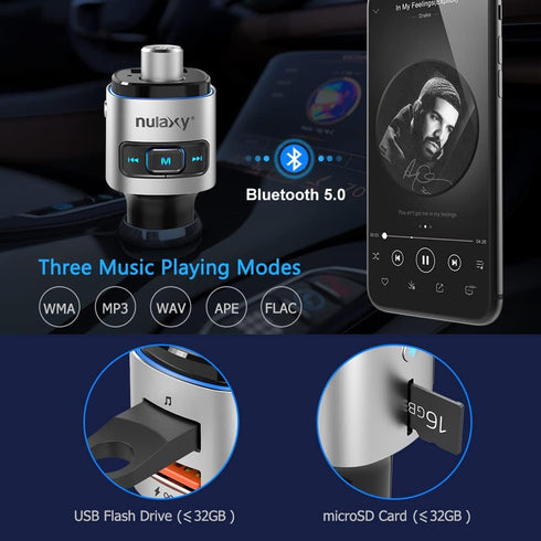 Nulaxy Bluetooth FM Transmitter for Car, QC3.0 Fast Charge Bluetooth Car Adapter, Wireless Radio Car Kit with 7 Color LED Backlit, Support Hands-F...