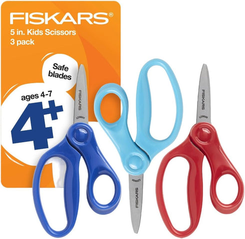 Fiskars 5" Pointed-Tip Scissors for Kids 4-7 (3-Pack) - Scissors for School or Crafting - Back to School Supplies - Red, Blue, Turquoise...