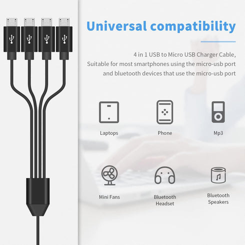 USB A to USB Micro Charging Cable, 4 in 1 Multi Charger Cable Micro USB Splitter Cable 4 Ports Micro USB 2.0 Male to Male Charging Cord 4 Connecto...