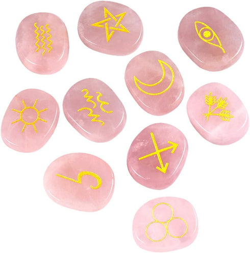 SUNYIK Natural Engraved Runes Stone Set of 10, Gypsy Symbols Healing Crystal Reiki Pocket Palm Stones Kit for Meditation Divination, Rose Quartz...