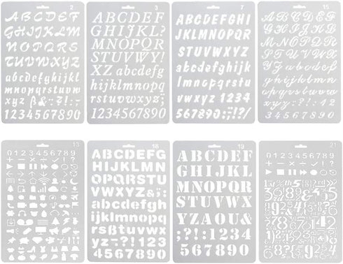Pack of 8 Plastic Alphabet Letter Number Drawing Painting Stencils Scale Template Sets for Bullet Journal Stencil Planner/Scrapbook/DIY Painting C...