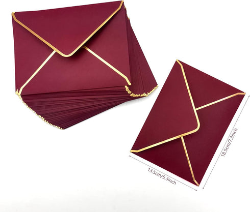 50 PCS Invitation Envelopes A7 Size, Burgundy Envelopes 5 x 7 Inch V-Flap Mailing Card Envelopes Quick Seal Envelopes with Gold Border for 5x7 Car...