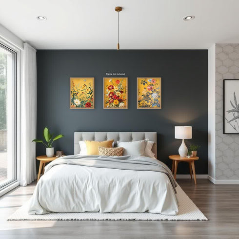 Posterizer 3 pcs-Vibrant Yellow Theme-Lush Flowers-Floral Botanical Art-Abstract & Modern Art- Kitchens, Dining Room Decor- unframed wall art...