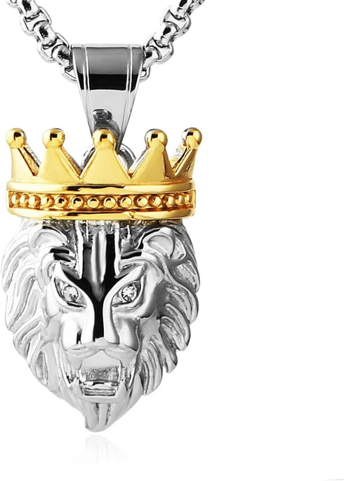 HZMAN Men's Silver Gold Tone Stainless Steel Lion King Pendant Necklace Cable Wheat 22+2" Chain...