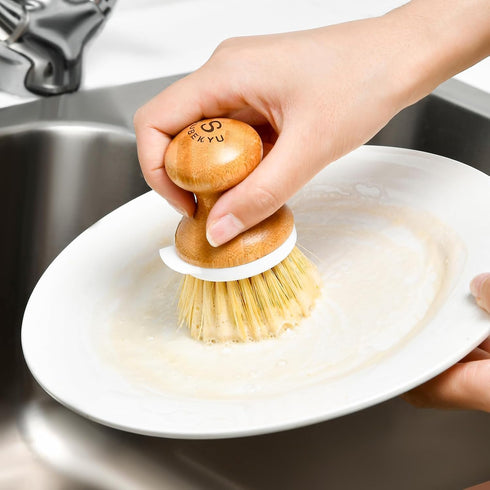 SUBEKYU Bamboo Dish Brush, Kitchen Dish Scrubber Brush, Natural Wooden Dishwashing Brush for Cleaning Dishes/Pans/Pots, Built-in Scraper, Sisal Br...