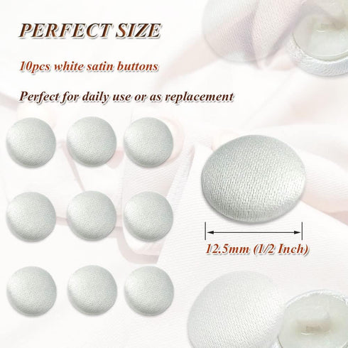Satin Buttons, White Fabric Covered Button with Shank 10Pcs Round Satin Sewing Buttons for Tuxedo Wedding Dress Lace Bridal Blouse 12.5mm Craft Bu...