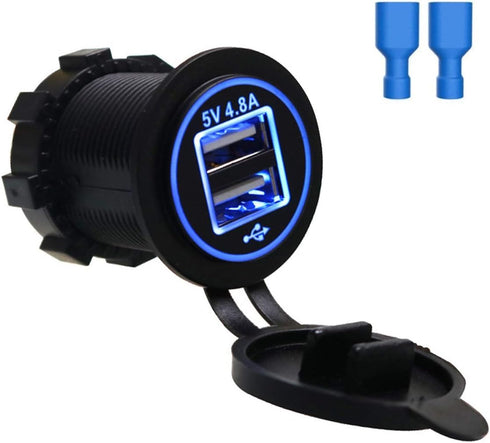 4.8A Dual USB Port Charger Waterproof Aluminum Power Outlet Fast Charge Socket for 12-24V Vehicles Boat Marine (Color : Blue)......