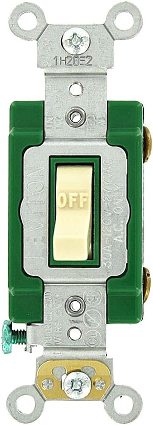 Leviton 3031-2I 30 Amp, 120/277 Volt, Toggle Single-Pole AC Quiet Switch, Extra Heavy Duty Grade, Self Grounding, Ivory......