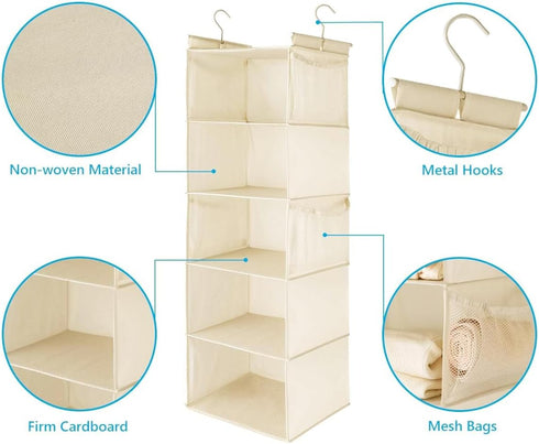 MAX Houser 5 Shelf Hanging Closet Organizer, Space Saver, Cloth Hanging Shelves with 4 Side Pockets, Foldable, Beige...