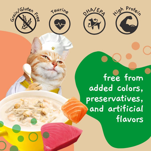 MOOCHIE Creamy Broth for Cats - Grain-Free - Made with Real Salmon & Tuna - No Artificial Flavors or Preservatives - 1.4 oz x 16 Pouches...
