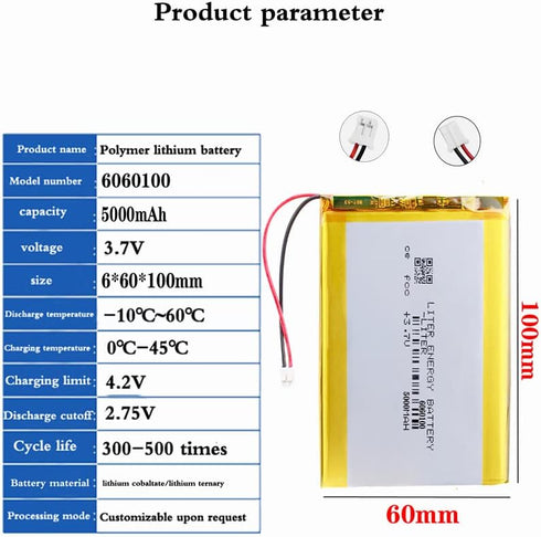 3.7V 6060100 5000mAh Lithium Polymer ion Battery Rechargeable Polymer Battery Pack with JST 2.0mm Connector...