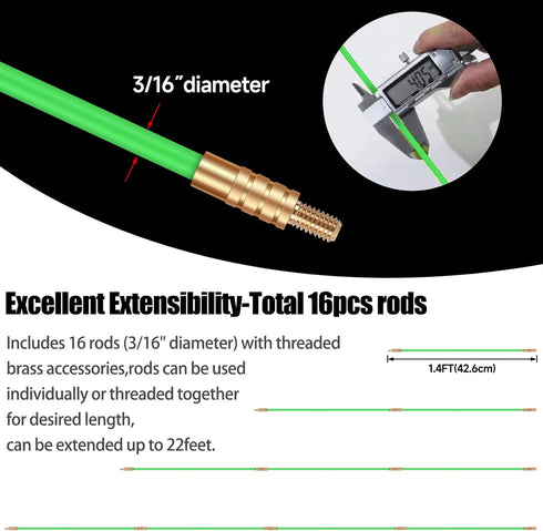 22FT Fiberglass Running Electrical Wire Cable Glow Rods Wire Pulling, Fish Rods Electrical Kit with 8 Different Attachments and Fish Tape Wire Pul...