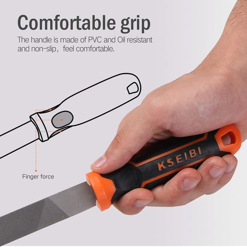 KSEIBI 311485 Metal File Set with High-Carbon Steel Blades - Ergonomic Soft-Grip Handles, 8-Inch Files in Flat, Round, and Half-Round Shapes for W...