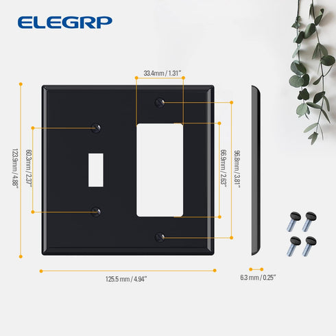 Combination Wall Plate ELEGRP 2-Gang 1-Toggle Light Switch 1-Decorator/GFCI Device Combination Wall Plates, Mid-Size 4.88" x 4.94" Unbreakable The...