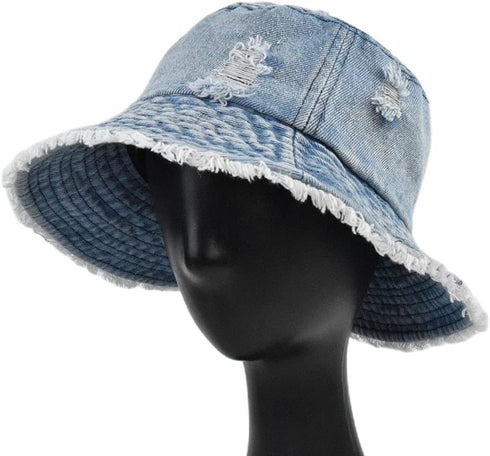 Distressed Denim Bucket Hat Ripped Frayed Edge Sun Hat for Women Men...