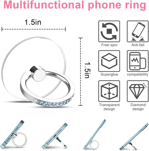 Transparent Phone Ring Holder 4 Pcs, Clear Cell Phone Ring Holder with Diamond, Finger Grip 360°Rotation Compatible with Most of The Phones, Table...