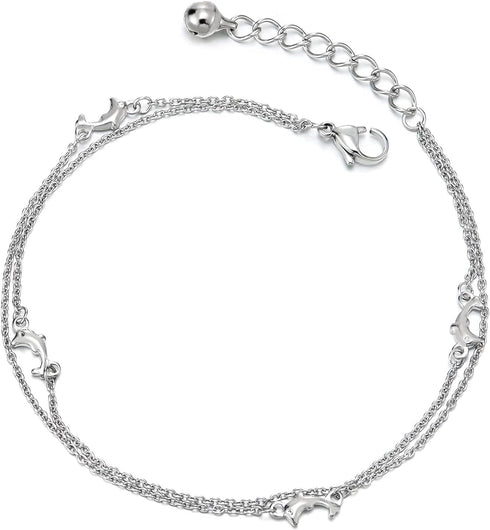COOLSTEELANDBEYOND Two-Row Stainless Steel Link Chain Anklet Bracelet with Charms of Dolphins, Jingle Bell, Adjustable...