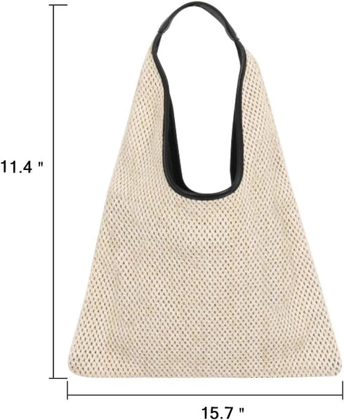 Hand-woven Straw Shoulder Bag Boho Black Leather Top Handle Tote Retro Summer Beach Bag Holiday Travel Handbag...