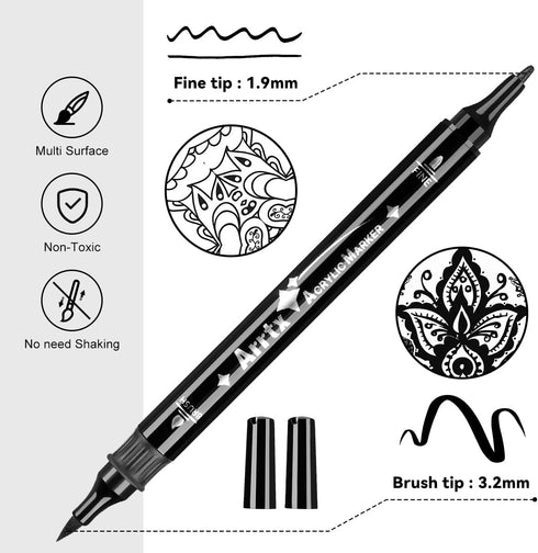 Arrtx Black Acrylic Paint Pens - 8 Pack Brush Tip and Fine Tip (Dual Tip) Black Paint Markers for Rock Painting, Water Based Acrylic Painting Supp...