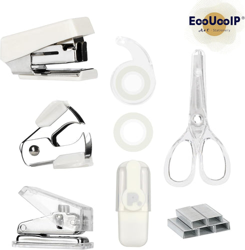 EooUooIP Practical and Beautiful Office Supplies White Handbook Tool Box,Stapler Tape Staples Hole Puncher Paper Scissor for Efficient Work and St...