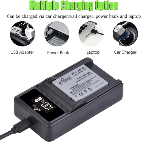 Pickle Power NB-4L Battery and LED Display Charger for Canon PowerShot ELPH 100 HS 300 HS 330 HS 310 HS SD1000 SD1100 is SD1400 is SD200 SD30 SD30...