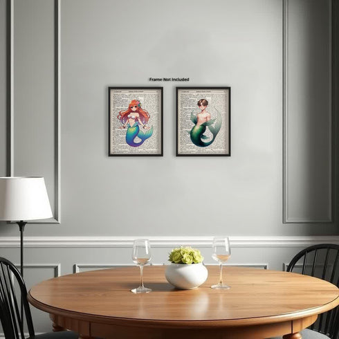 Posterizer 2 pcs-Cute Mermaid and Merman Dictionary Wall Art-Abstract Modern Art-Movie Cinema Art-Gift for Daughter, Son, Kids-Decor for nursery t...