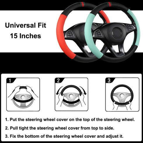 Black Panther Premium Textured Leather Auto Car Steering Wheel Cover, Anti-Slip and Comfortable Grip, 15 inch Universal - Black + Red...