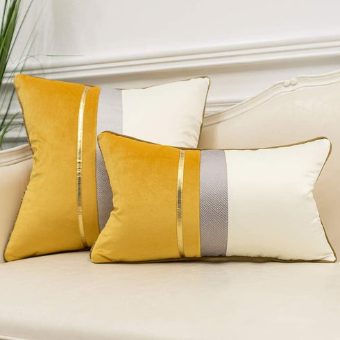 Avigers 18 x 18 Inches Yellow White Gold Leather Striped Patchwork Velvet Cushion Case Luxury Modern Throw Pillow Cover Decorative Pillow for Couc...