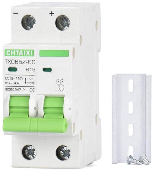 12V-110V DC Miniature Circuit Breaker, 15 Amp 2 Pole Battery Breaker Protector for Solar PV System and RV, Thermal Magnetic Trip, DIN Rail Mount, ...