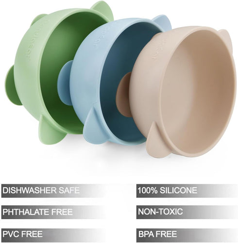 PandaEar 3 Pack Baby Suction Bowls, Stay Put Silicone Food Bowl Babies Led Weaning Supplies for Kids Toddlers, BPA-Free -Blue/Green/Brown...